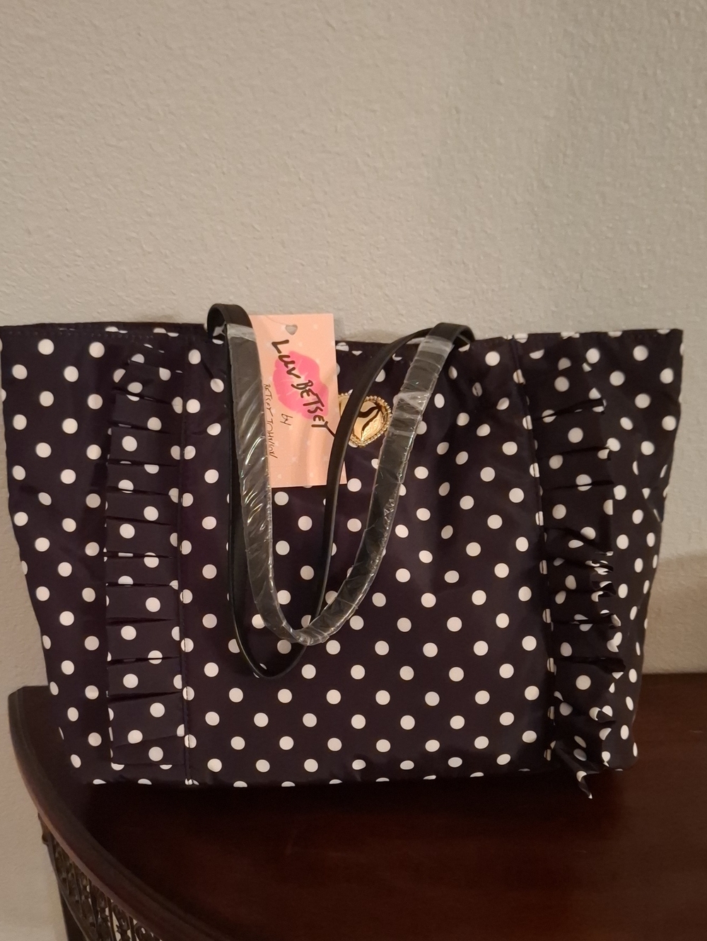 Betsey Johnson Black & White Polka Dot Ruffle Tote